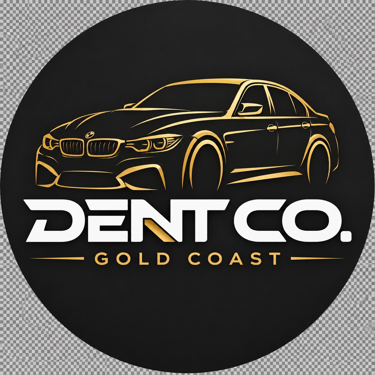 Dent Co. Gold Coast logo with a gold BMW F80 outline